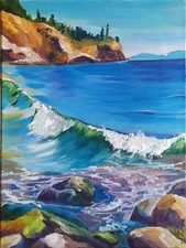 Original Oil Painting on Canvas Art Seascape with Seashore and Wave 40 by 30 cm