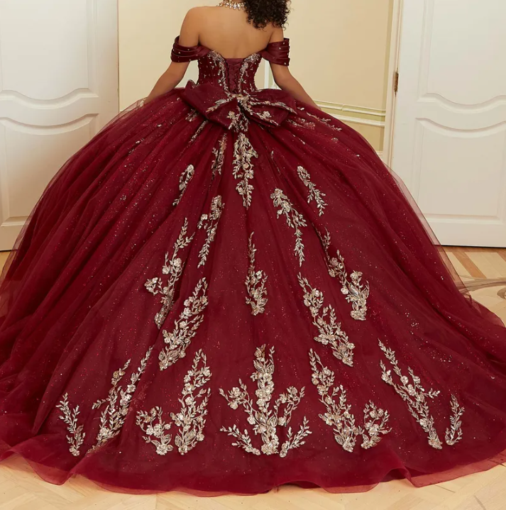 burgundy and gold sweet 16 dresses Burgundy Quinceanera Dress Off The Shoulder Sequins Ball Gown Sweet 16 –  CherryPromDress main image 0