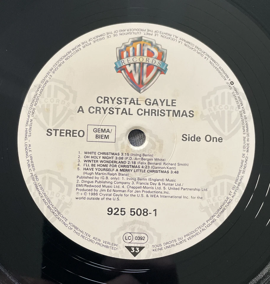 CRYSTAL GALE "A CRYSTAL CHRISTMAS " LP(1986) WARNER BROS 9255081 RECORD EX/NM - Image 3 of 4