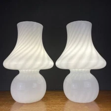 Set of 2 Vintage White Swirl MURANO Glass FUNGO MUSHROOM Table Lamps Italy 70s