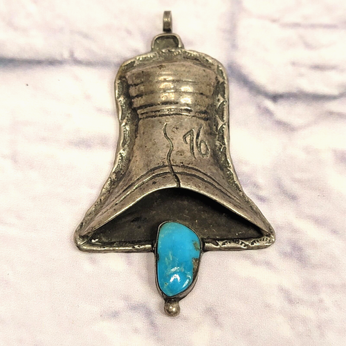 Rare Vintage Navajo Liberty Bell 1976 Türkis Sterling Silber Anhänger Schmuck