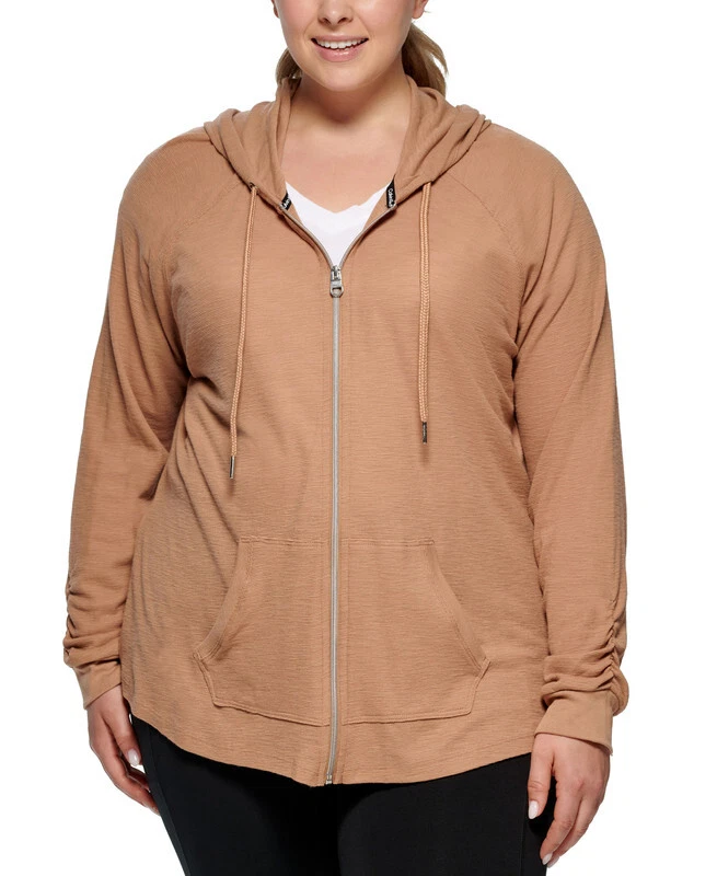 Calvin Klein Performance Women's Plus Size Ruched-Sleeve Zip Hoodie (Teak,  1X)