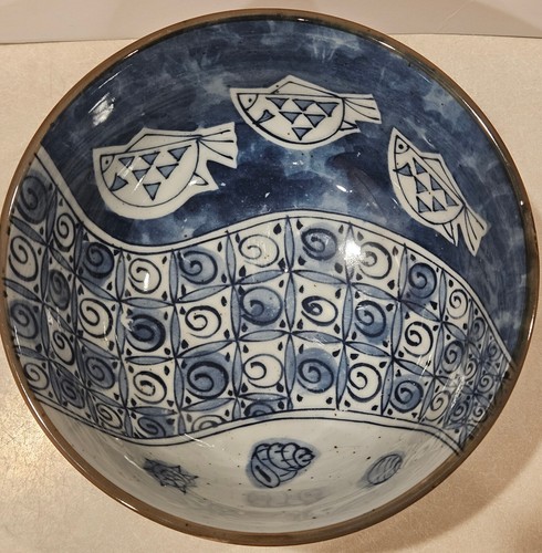 Vintage Mino Ware Chiyama Kiln Japanese Blue & White Fish Pattern Soba Bowl Set - Picture 9 of 21