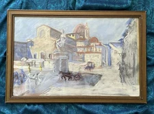 Vintage Impressionistic pastel painting of Italian piazza, ready to hang