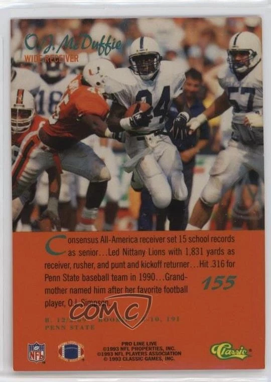 1993 Classic Pro Line Live OJ McDuffie #155 Rookie RC - Image 2 of 2