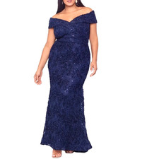 Xscape Dress Size 16 Off Shoulder Blue Embroidered Lace Floral Cocktail Gown New