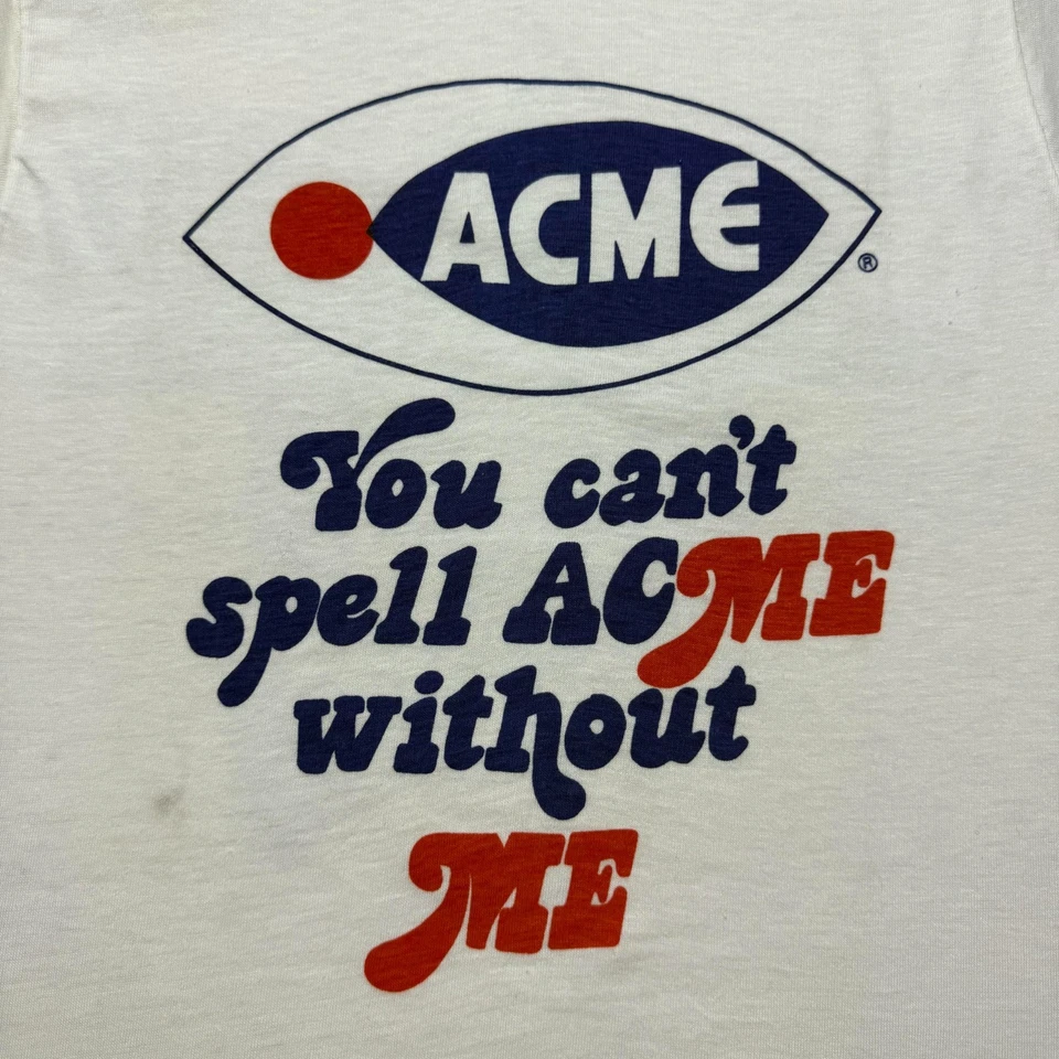 Camisa Publicitaria Promocional Cita Divertida Tienda de Comestibles ACME Años 70 De Colección Pequeña Foto 2 de 4