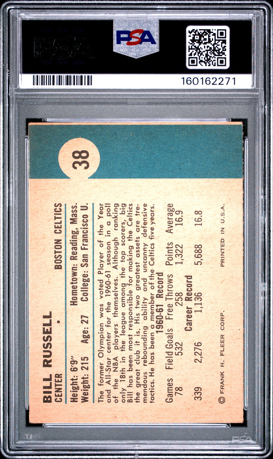 1961 FLEER #38 BILL RUSSELL PSA 3 view 2