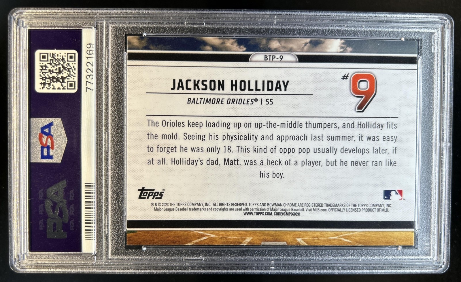 2023 Bowman Jackson Holliday Scouts Top 100 Chrome #BTP-9 Orioles PSA 10 view 2