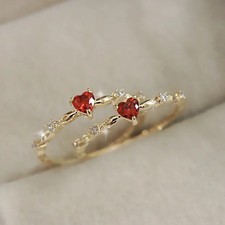 Gold Tone Red Heart Ring Women Cubic Zircon Classic Wedding Modern Band Jewelry