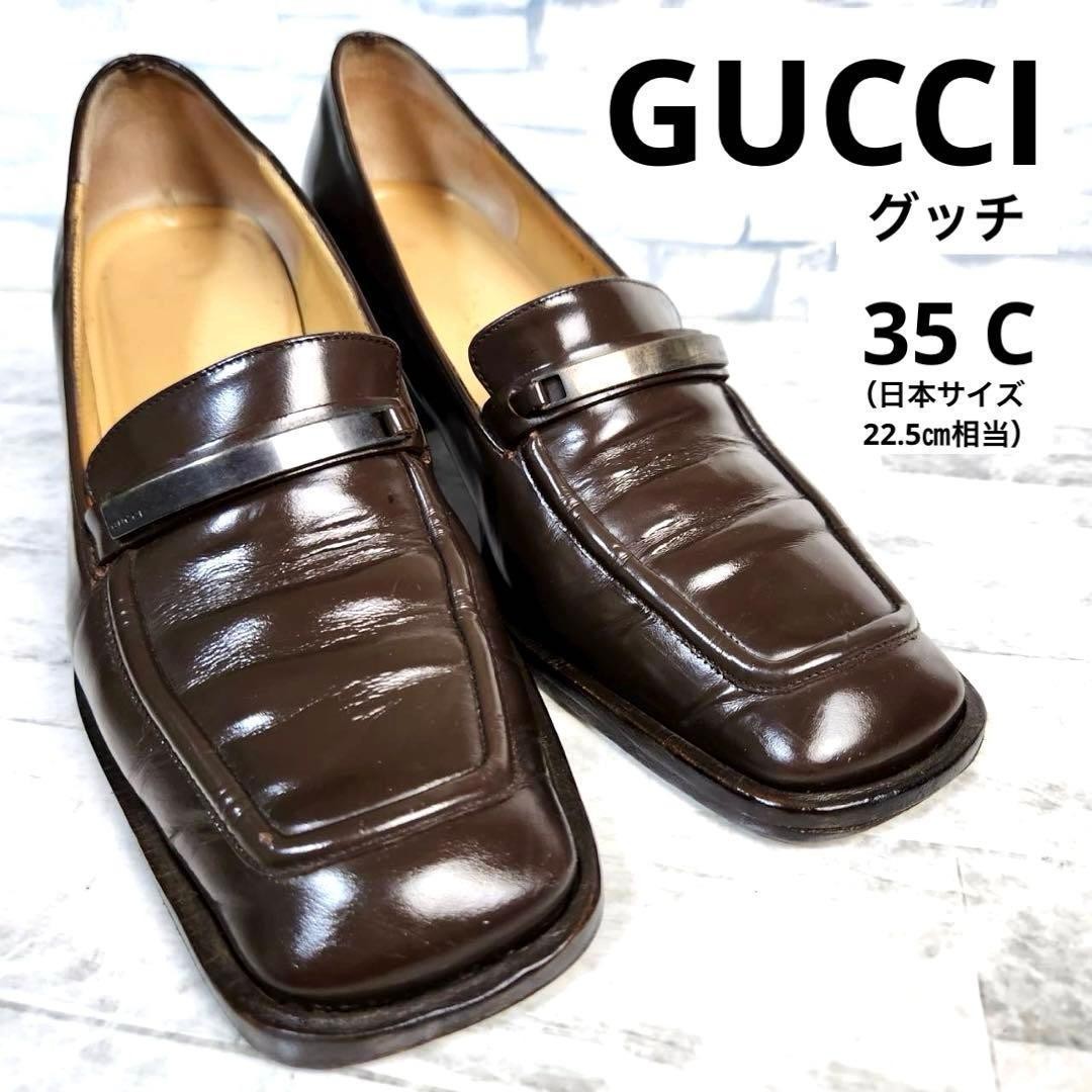 Auth Gucci Square toe Loafer Pumps Leather Brown Logo Heel EU35 US5 UK2