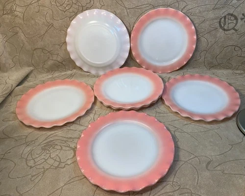 Vintage set of 7 HAZEL ATLAS Crinoline Pink Dinner Plates 9"