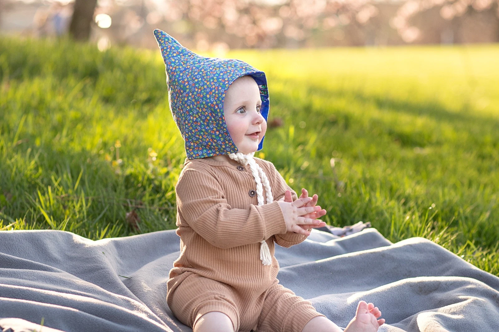 Quilted Upcycled Blue Mushroom Pixie Hat Bonnet Fully lined 6-12 months