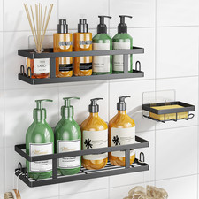 3-PC Adhesive Shower Caddy - Rustproof Shower Shelves with Soap Holder Hooks