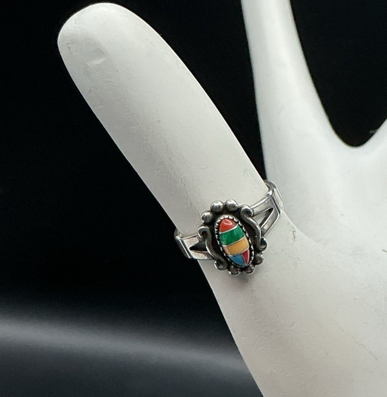Native American Inlay Gemstone Inlay Ring Signed CM ~ Size 4