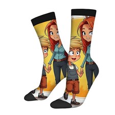 Vibrant Yellow Cartoon Socks - 2 Pairs Featuring Smiling Woman  Boy Unisex