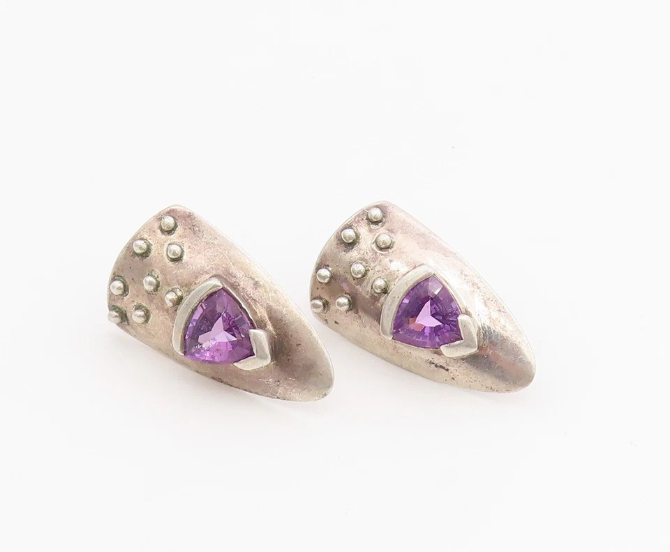 Pendientes vintage de plata de ley 925 con escudo de amatista modernista EG13914 Foto 2 de 4