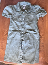 GUESS Kids Green Button Front Dress Rhinestone Logo Girls Short Sleeve Large 14