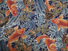 Asian Koi Fish Pond Japanese Wave Ocean Print Cotton Fabric 44" Wide By the Yard