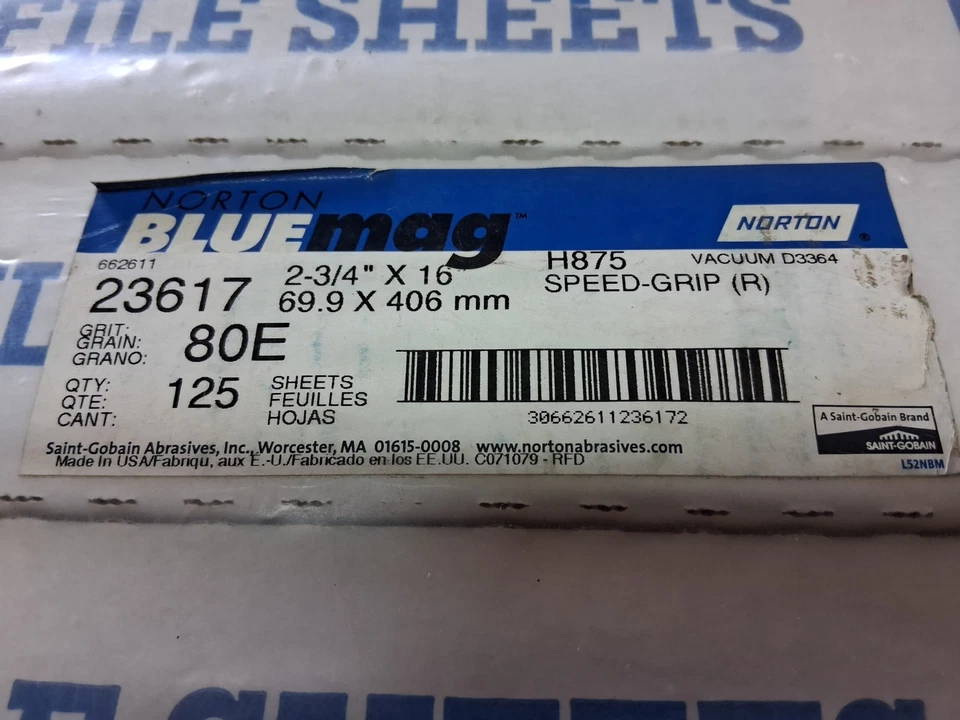 NORTON Bluemag H875 Body File Air File Hojas 80 Grano 247 Hojas Lote Nuevo de Lote Antiguo EE. UU. Foto 3 de 4