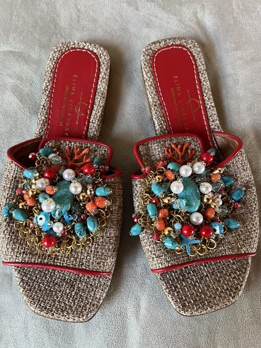 Elina Linardaki Handcrafted Raffia Leather Crystal Ocean Beach Slides Sz 38 NWOB - Picture 4 of 9