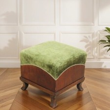 Sgabello poggiapiedi stile antico in legno pouf con tessuto Verde epoca 900 