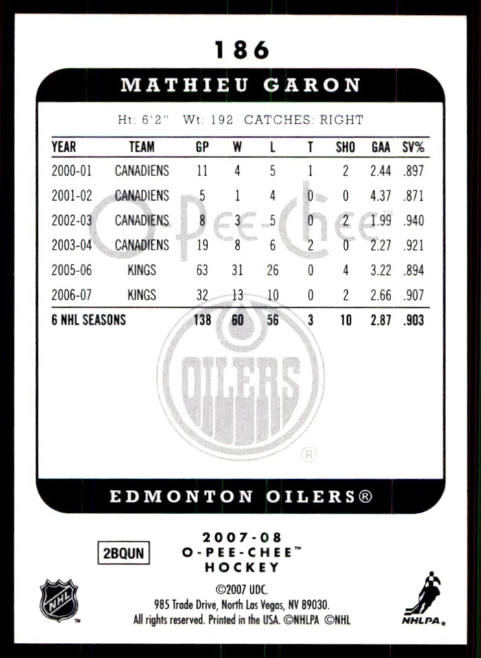 2007-08 O-Pee-Chee Micromotion Mathieu Garon Edmonton Oilers #186 - Image 2 of 2