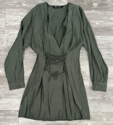 green emerald velvet dress ZARA Open Back Feather Satin Effect Short Dress Women's Sz S Dark Gree   PayWut