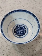 Vintage Chinese Blue & White Translucent Porcelain Rice Eye Rice Bowl