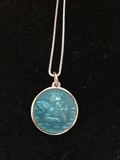 Guardian Angel Pendant Necklace-Guilloche Enamel on Sterling Silver 1 Inch TEAL