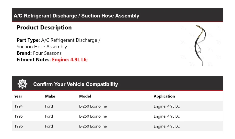 Conjunto de manguera de línea de succión de descarga Econoline para Ford E-250 1994-96 4 temporadas Foto 2 de 4