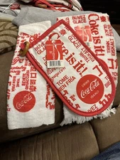 3 NEW Vintage 1984 COCA-COLA "Coke Is It!" Hand kitchen towels & Oven Glove.