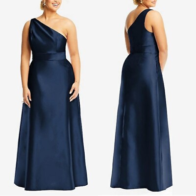 Alfred Sung Navy Blue Evening Gown Size 22 One Shoulder Satin Bridesmaid  Dress