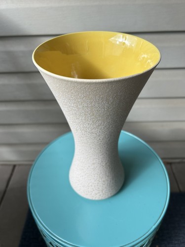 Vintage Yellow Enamel Lava Textured Art Pottery Vase 10" Retro