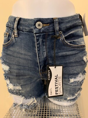 NWT!! Rue 21 Curvy Festival Denim Shortie Distressed Frayed Medium Wash Size 4
