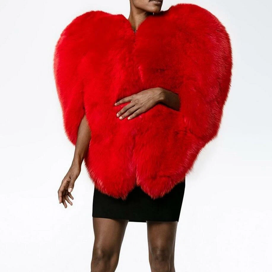 Red 3D Love Heart Shaped Womens Cape Coat Faux Fox Fur Shaggy Jacket Party Cloak - Image 2 of 4