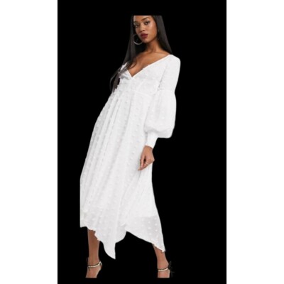 NWT ASOS EDITION Volume Sleeve Midi Dress Textured Spot White Plunge Neck |  eBay