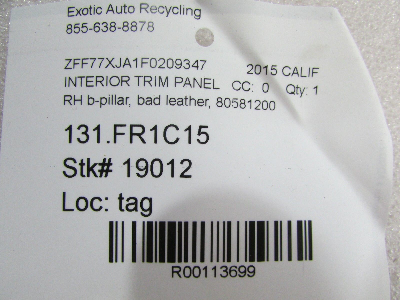 Ferrari California, RH, Interior B-Pillar Trim, Damaged Leather, P/N 80581200