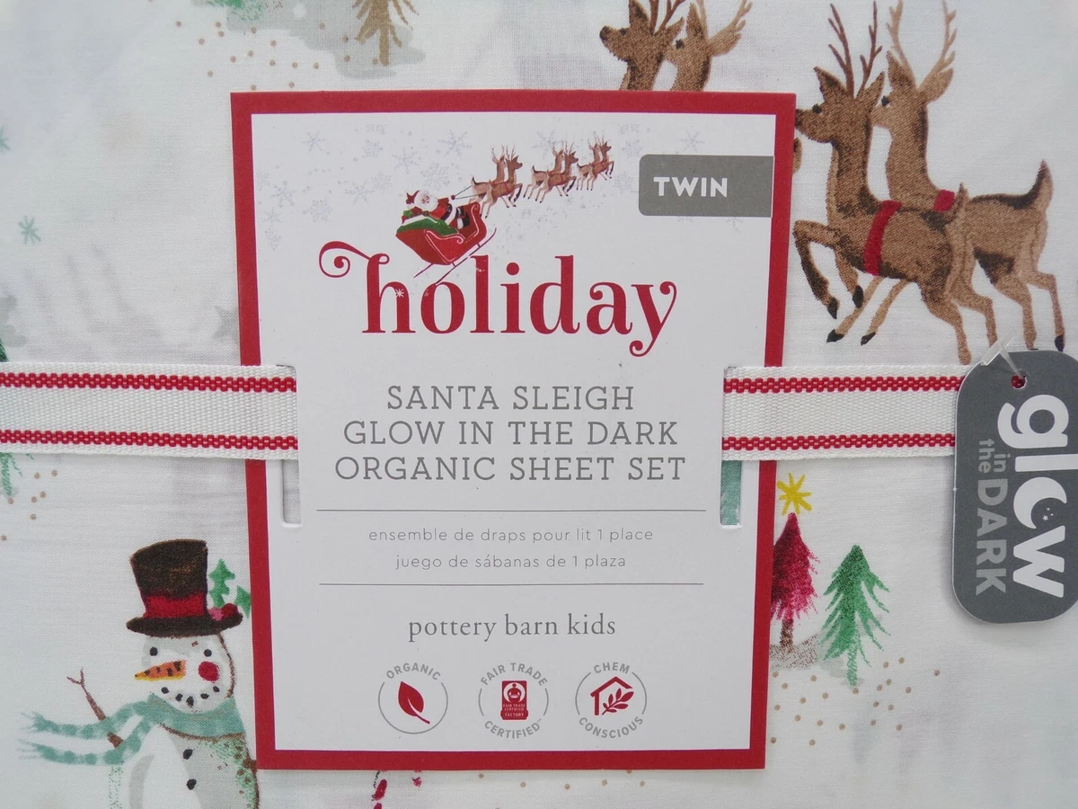 Pottery Barn Kids Santa Sleigh Glow In Dark Sheet Set Twin White