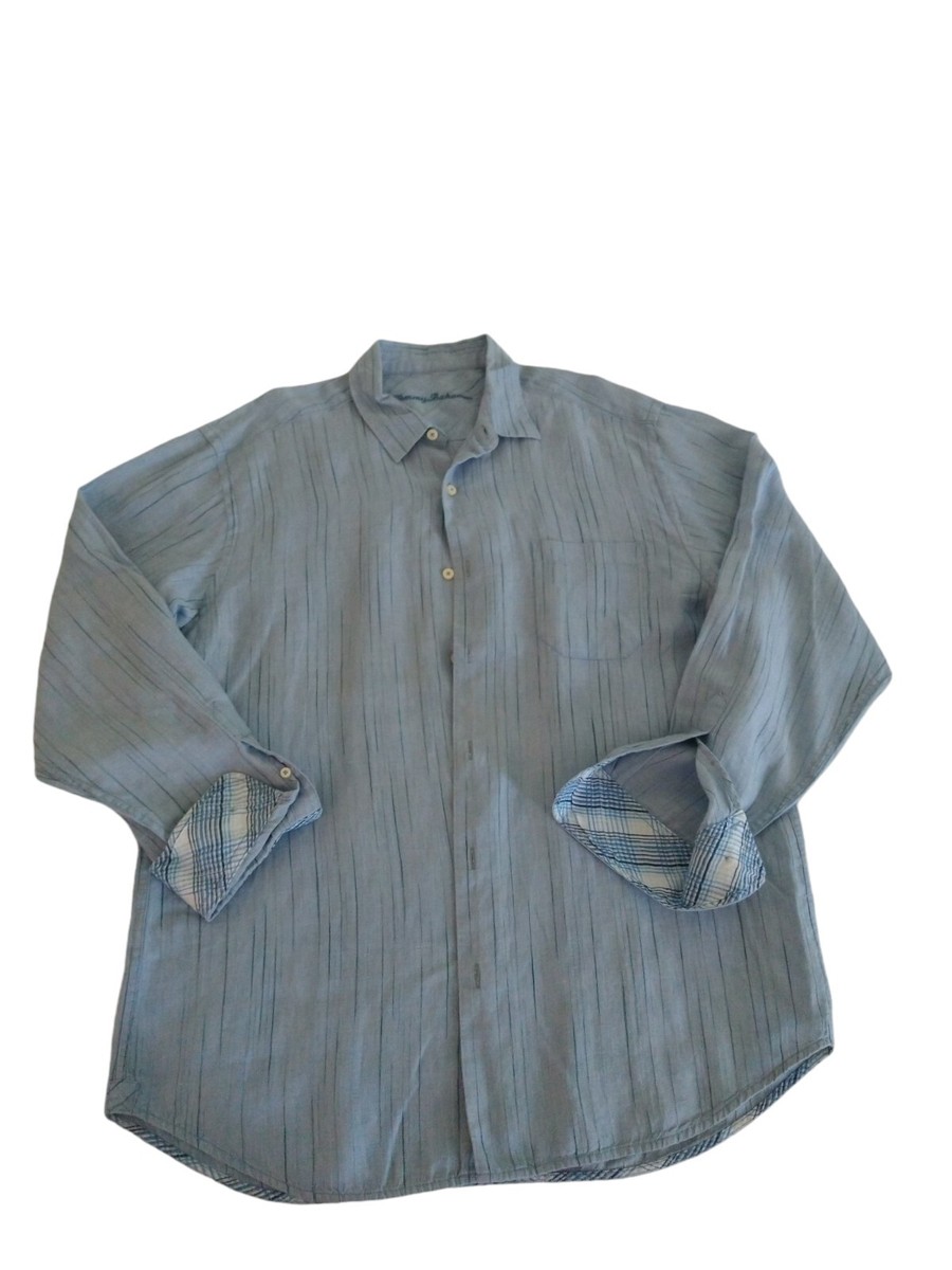 Tommy Bahama Shirt Men's L Blue 90% Linen Long Sleeve Button Textured