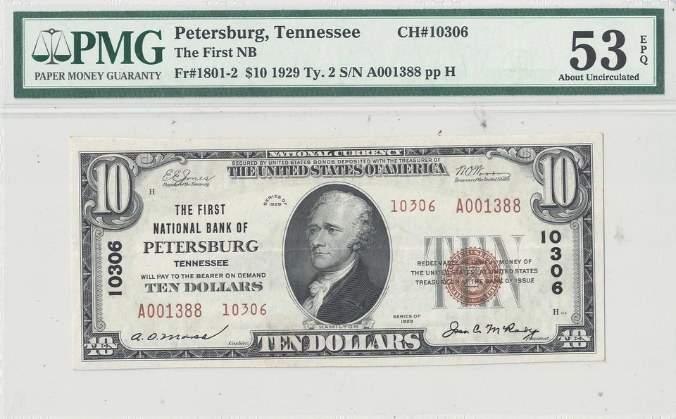 1929 $10 Petersburg, Tennessee PMG AU-53 EPQ Charter 10306 - Image 2 of 3