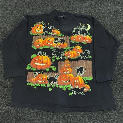Vintage K.W.B.L. Shirt Womens One Size Black Pumpkin Cat Graphic Halloween Top