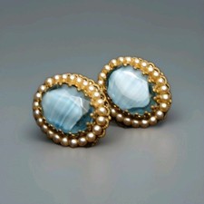 Pendientes de colección de Alemania Occidental facedados azules vidrio de pórfido imitación perla clip-on REGALO