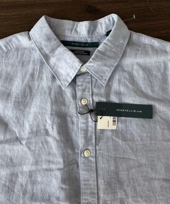 Perry Ellis Linen Blend Shirt Mens XL Colony Blue Short Sleeve Summer Casual