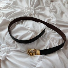 GUCCI buckle belt GG Logo hardware Men's Black Leather Gold Made in Italy Used