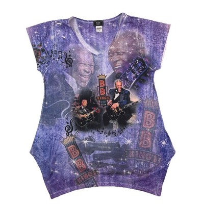 Mid-South Products BB King Blues Club Purple Allover Print V-Neck Top Women M