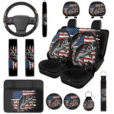 14 Pcs Bass Fish American Flag Car Seat Cover Set with Auto Steering Wheel Co...