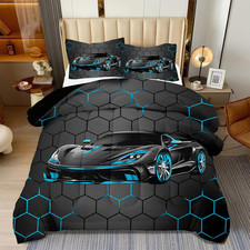 Race Car Twin Bedding Set for Boys - Blue Sports Car Comforter 3 Pcs