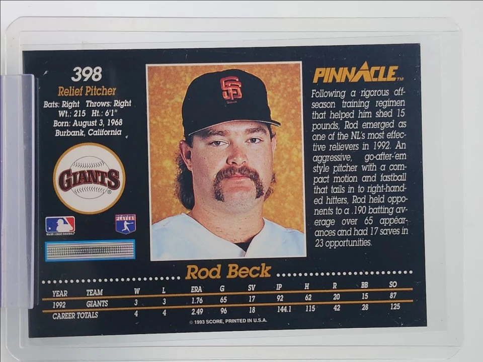 ROD BECK 1993 SCORE PINNACLE BASEBALL GIANTS Q0574 - Image 2 of 2