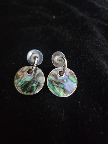 Silver Tone Earrings Abalone Sealed Dangle